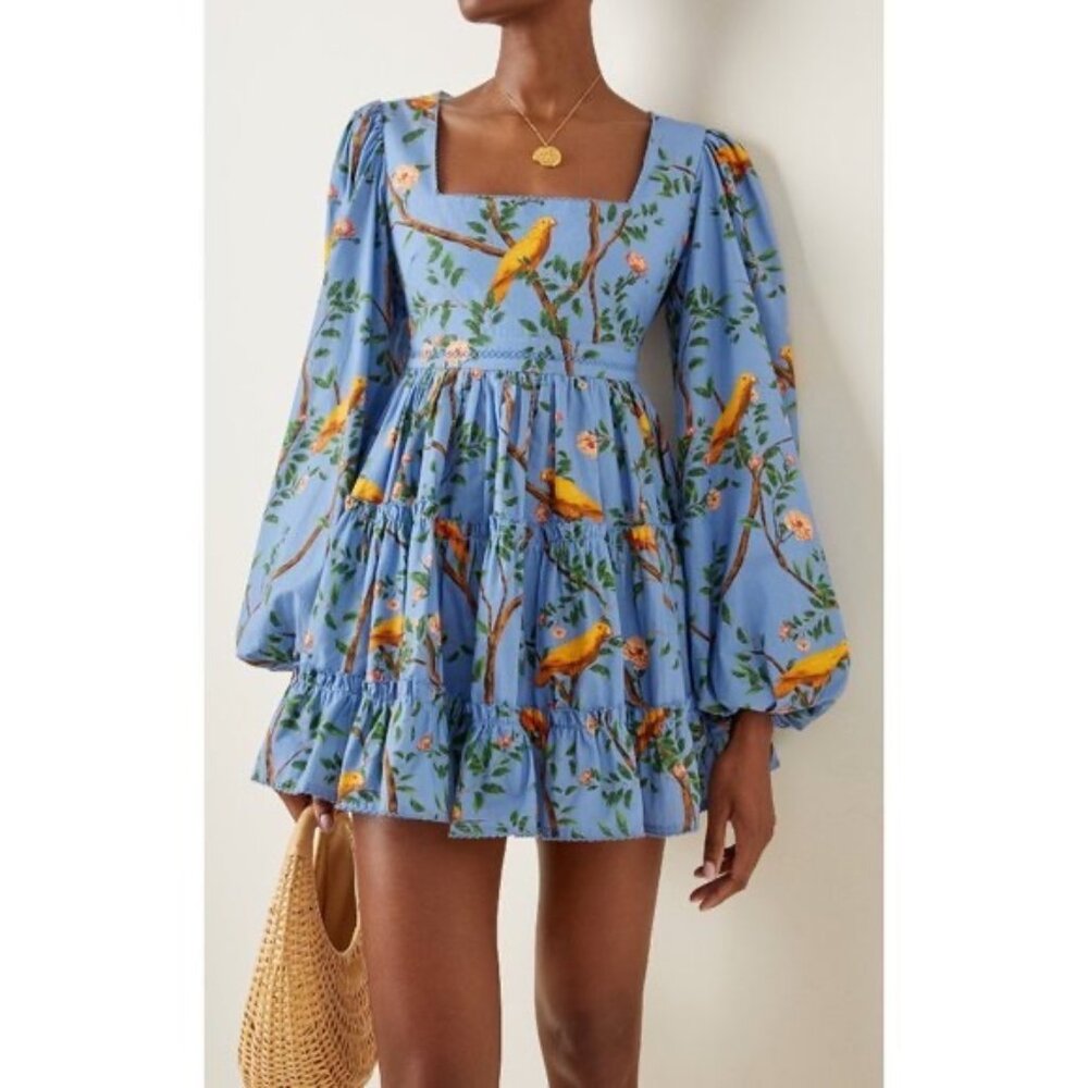 Agua Bendita Azul Avena Dress Blue Floral Bird Pattern Womens Small Canary